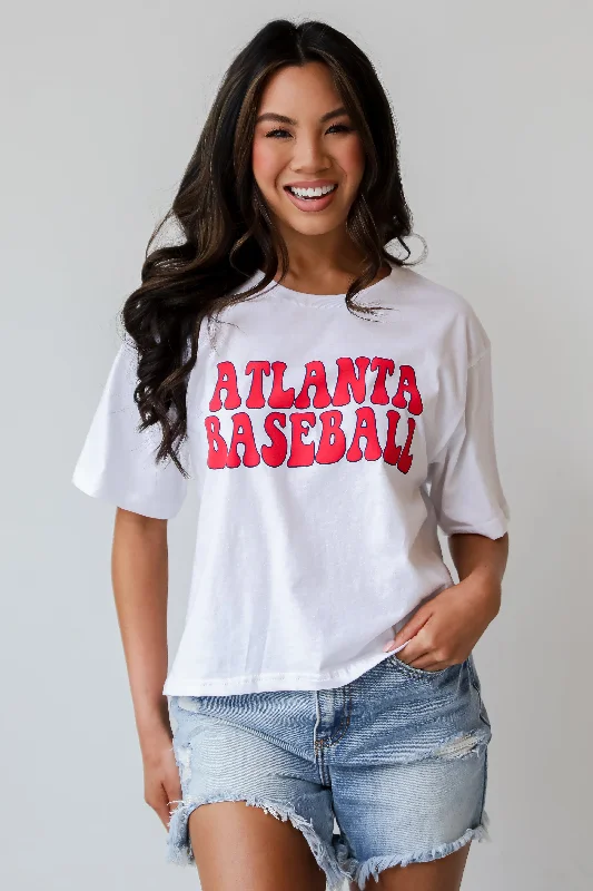 White Atlanta Baseball Cropped Tee Houndstooth Herringbone Solid