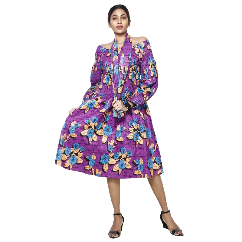 Women's African Print Off Shoulder with Cuff Sleeve Midi Dress -- FI-50076 Stylish High-Waisted Midi Dress