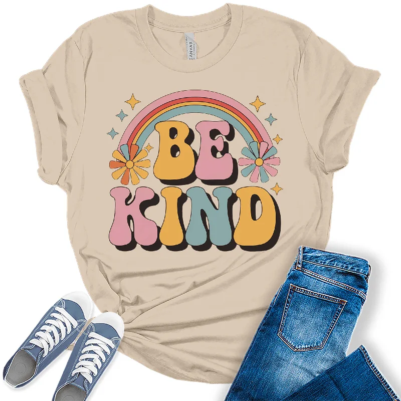 Womens Be Kind Floral Vintage Retro Rainbow Trendy Graphic Tees Mesh Fabric Canvas Fabric Denim Fabric