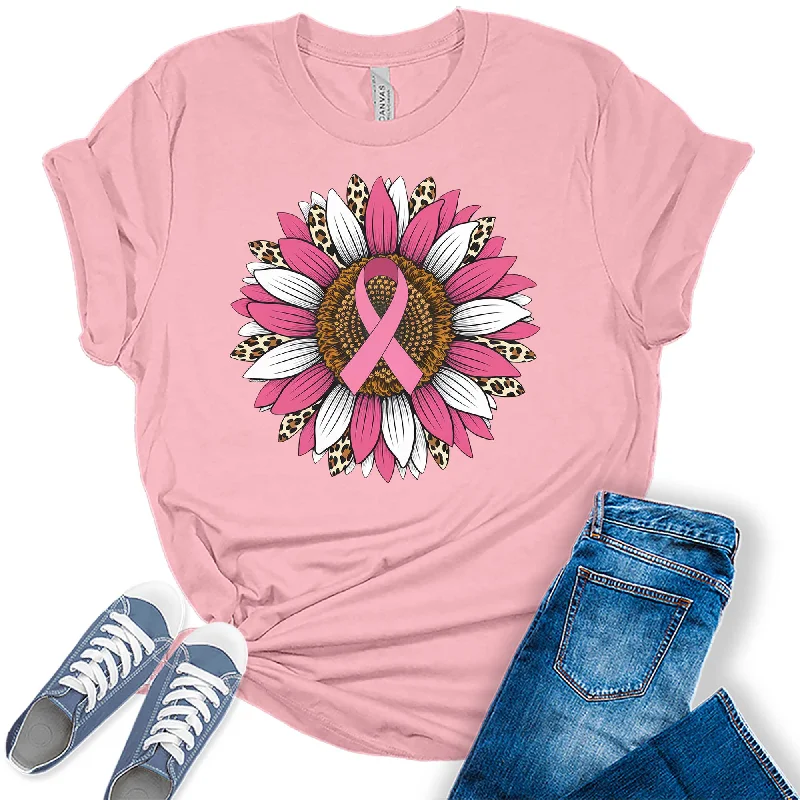 Women's Breast Cancer Ribbon Awareness Sunflower Leopard Print Graphic Tees Striped Floral Plaid