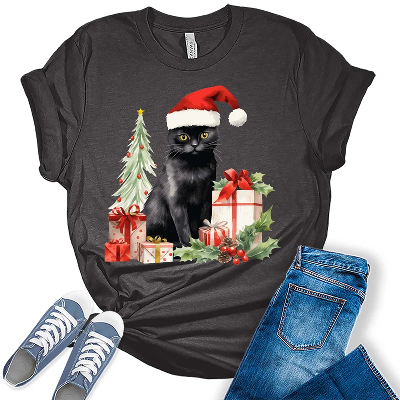 Women's Christmas Cat Wearing Santa Hat Holiday Graphic Tees Fashionable Trendy Casual