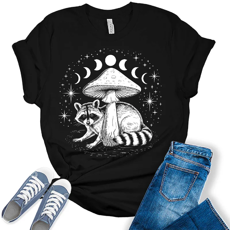 Women's Fall Raccoon Mushroom Moon Phases Trendy Graphic Tees Houndstooth Herringbone Solid