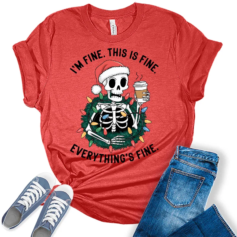 Women's Its Fine This Is Fine Christmas Skeleton Graphic Tees Satin Blend Silk Blend Wool Blend