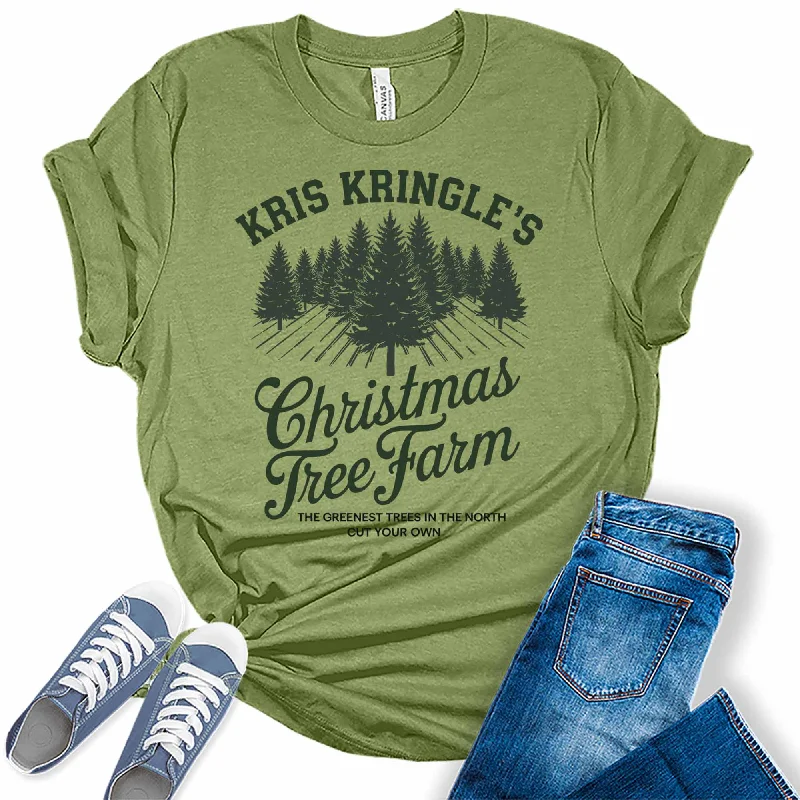 Women's Kris Kringle's Farm Christmas Tree Graphic Tees Zippered Front Buttoned Front Snap Front