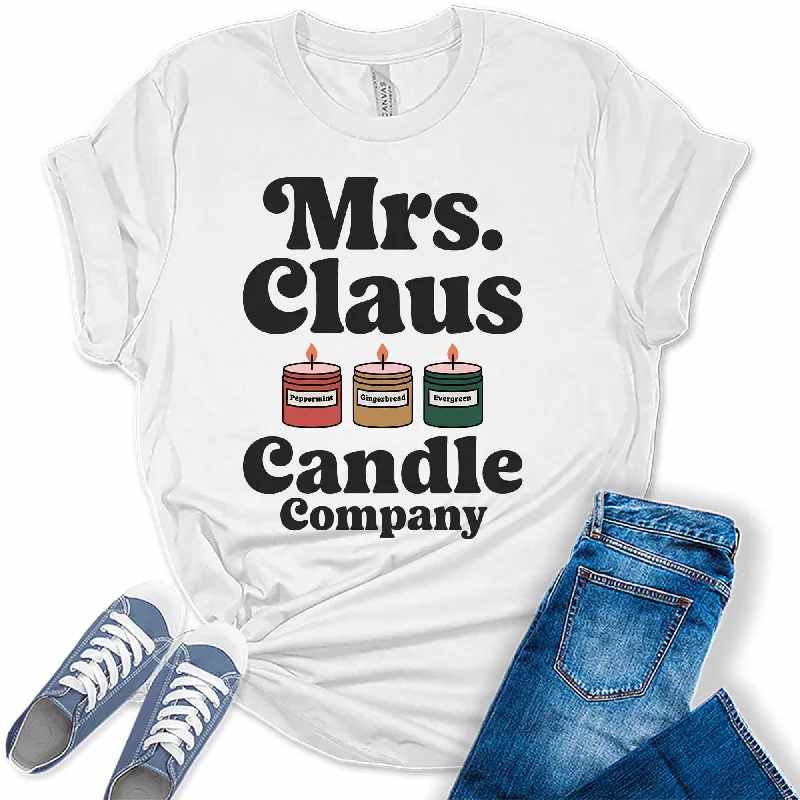 Women's Mrs. Claus Candle Christmas Graphic Tees Ribbed Striped Patterned