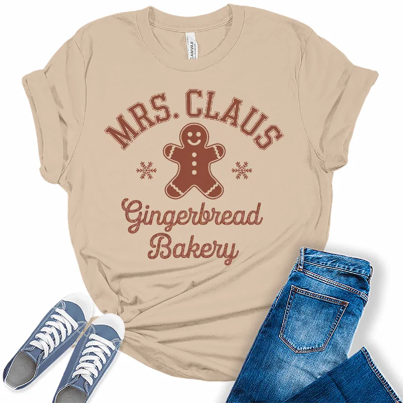 Women's Mrs. Claus Gingerbread Bakery Christmas Graphic Tees Chenille Fabric Brocade Fabric Lace Fabric