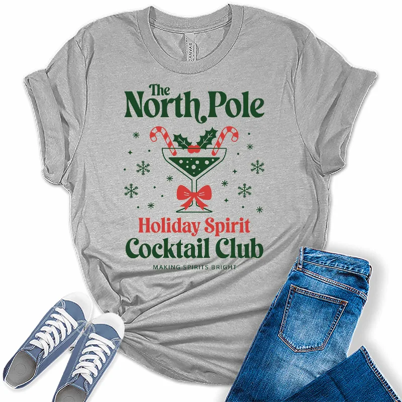 Women's North Pole Holiday Spirit Cocktail Club Christmas Graphic Tees Zippered Buttoned Snapped