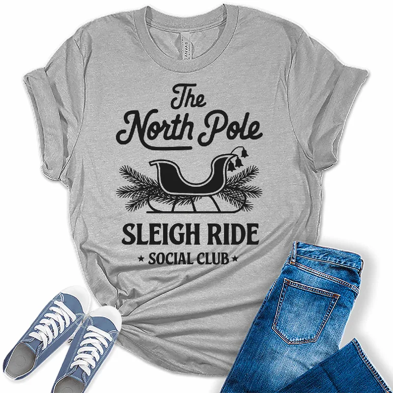 Women's North Pole Sleigh Ride Club Christmas Graphic Tees Oversized T-Shirt Spandex breathable