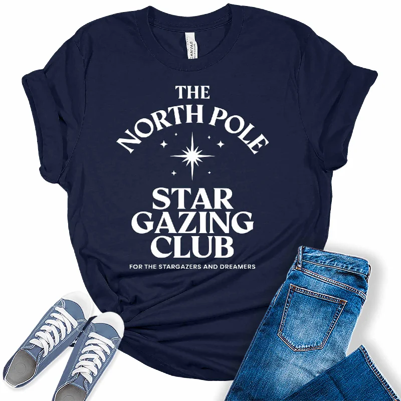 Women's North Pole Star Gazing Club Christmas Graphic Tees Collared Crew Neck Turtle Neck