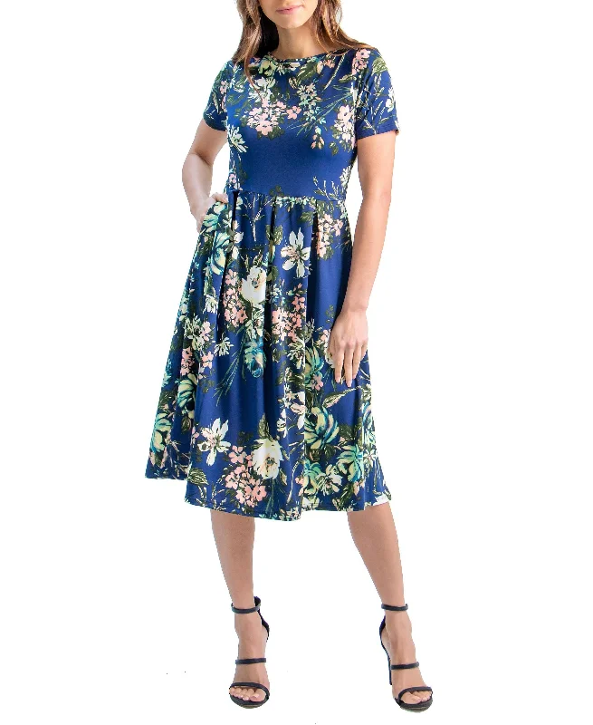 Womens Short Sleeve Floral Pocket Midi Dress Comfortable Knitwear Midi Dress