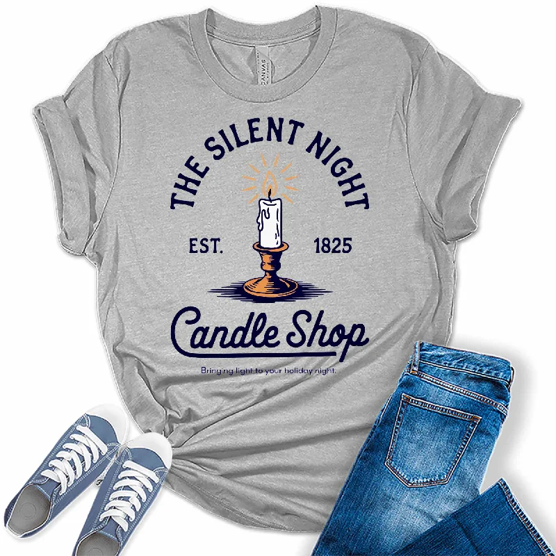 Women's Silent Night Candle Shop Christmas Graphic Tees Handmade Hand-knitted Hand-woven