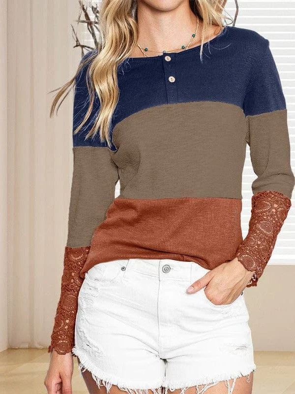 Gradient Round Neck Button Long Sleeve T-Shirt Boxy Fit Fitted Loose