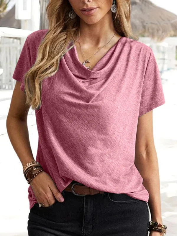 Solid Casual Fashion Short-Sleeved T-Shirt Lace Blend Ribbed Blend Corduroy Blend