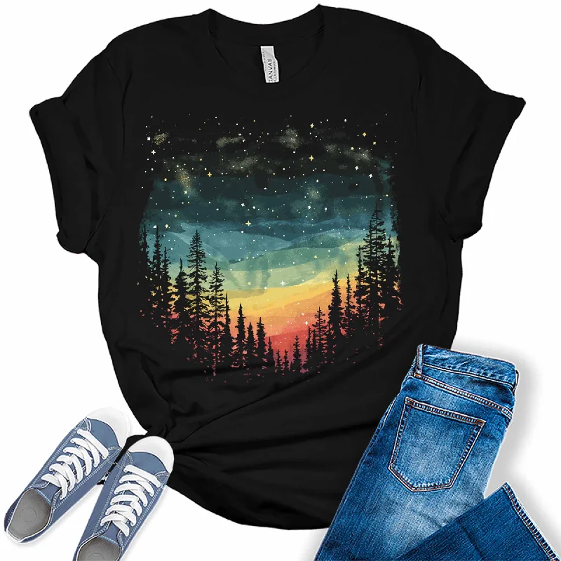 Womens Vintage Retro Northern Lights Sunset Forest Camping Hiking Graphic Tees Chenille Blend Fleece Blend Nylon Blend