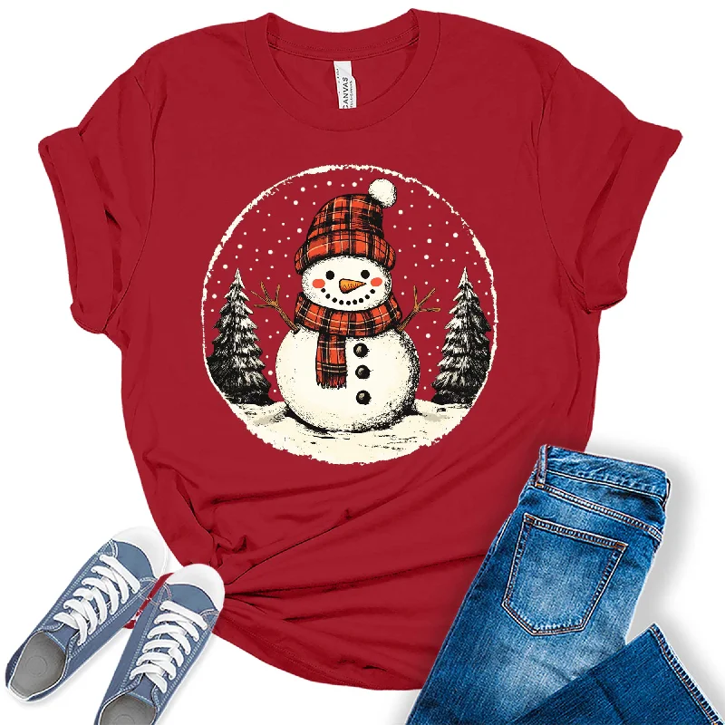 Women's Vintage Snowman Buffalo Plaid Graphic Tees Chenille Brocade Lace