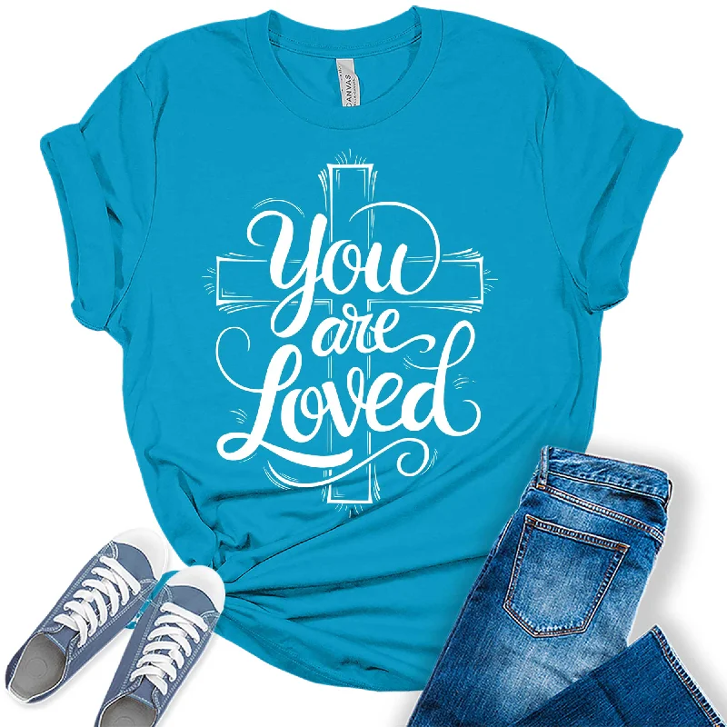 Women's You Are Loved Motivational Christian Graphic Tees Thin T-Shirt Open Front Quick Dry