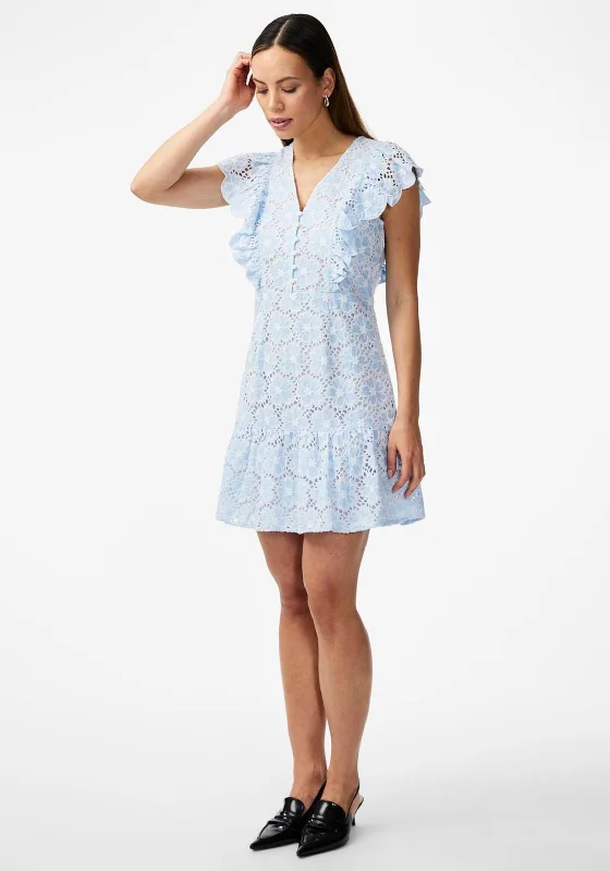 Y.A.S Beauty Broderie Mini Dress, Clear Sky & White Trendy Bodycon Mini Dress