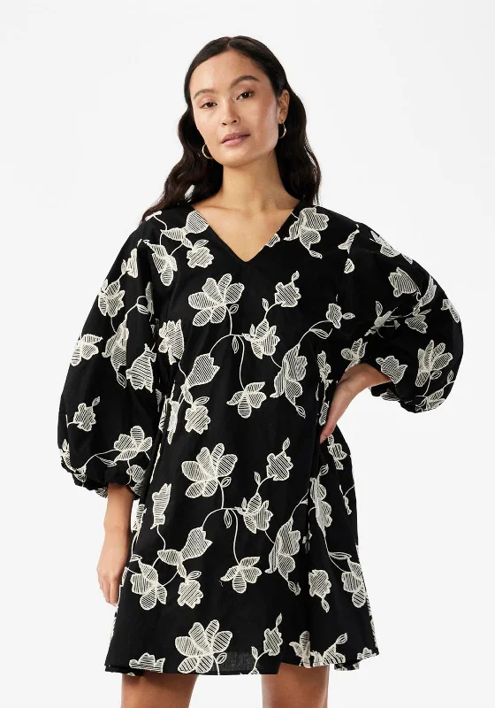 Y.A.S Contour Balloon Sleeve Floral Mini Dress, Black Elegant Off-Shoulder Dress Mini