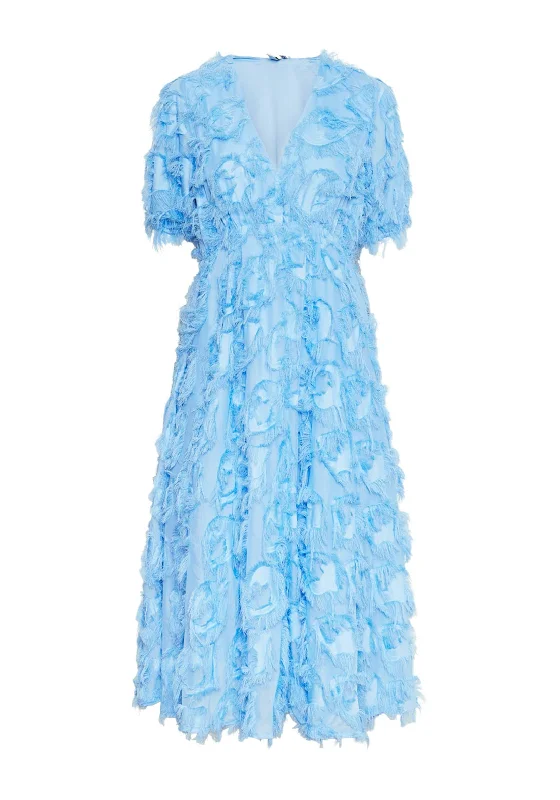 Y.A.S Pazylla Feathered A Line Midi Dress, Alaskan Blue Elegant Floral Appliqué Midi Dress