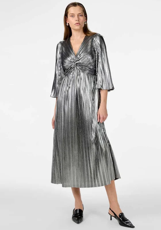 Y.A.S Regina Metallic Plisse Midi Dress, Silver Stylish Striped Midi Dress