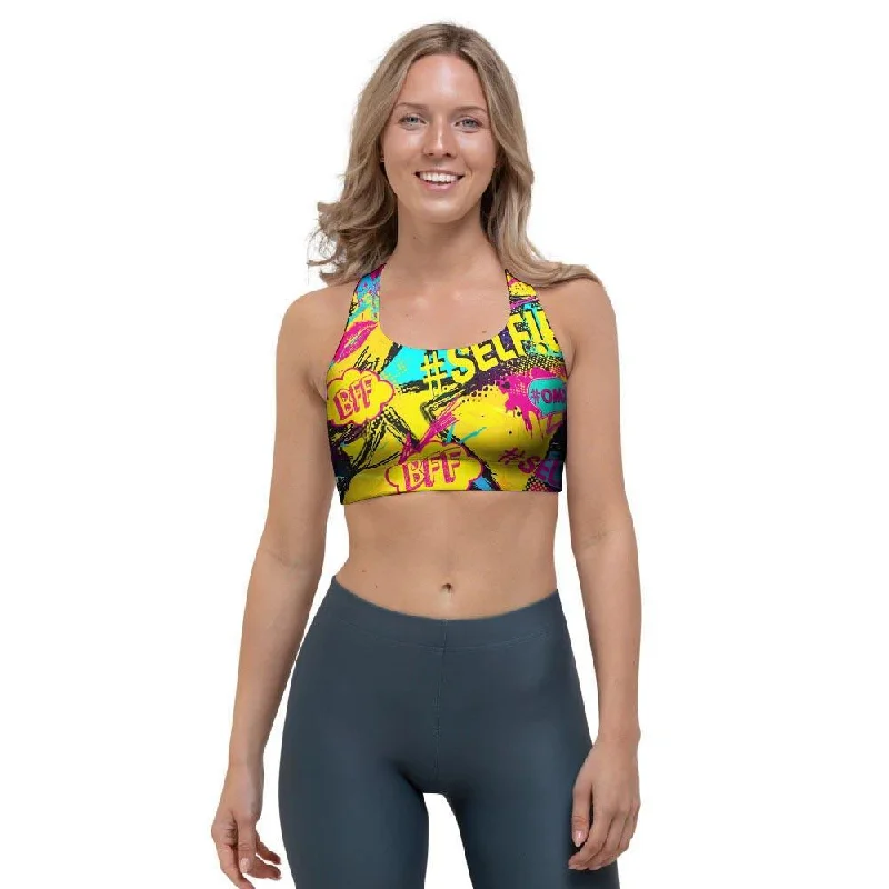 Abstract Comic Bubble Graffiti Print Sports Bra Adjustable Comfort Bra