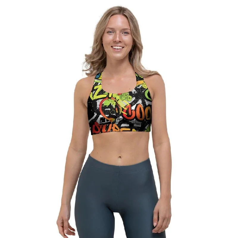 Abstract Graffiti Drips Print Sports Bra Wireless Push-Up Bra