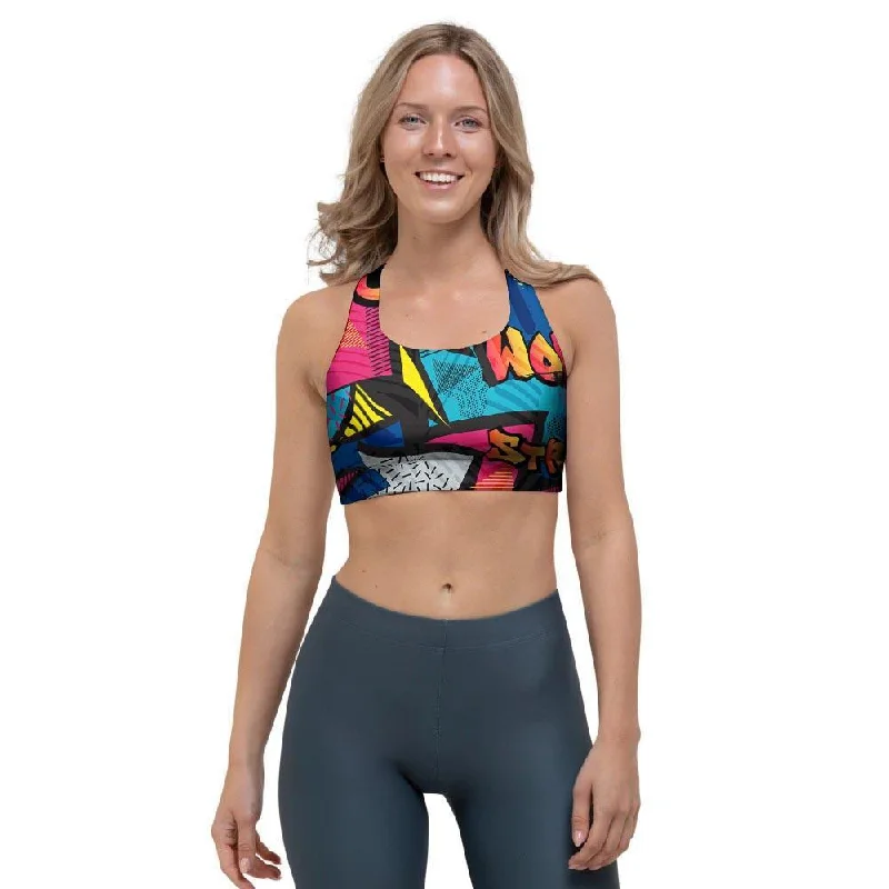 Abstract Graffiti Wow Print Sports Bra Sports Support Bra