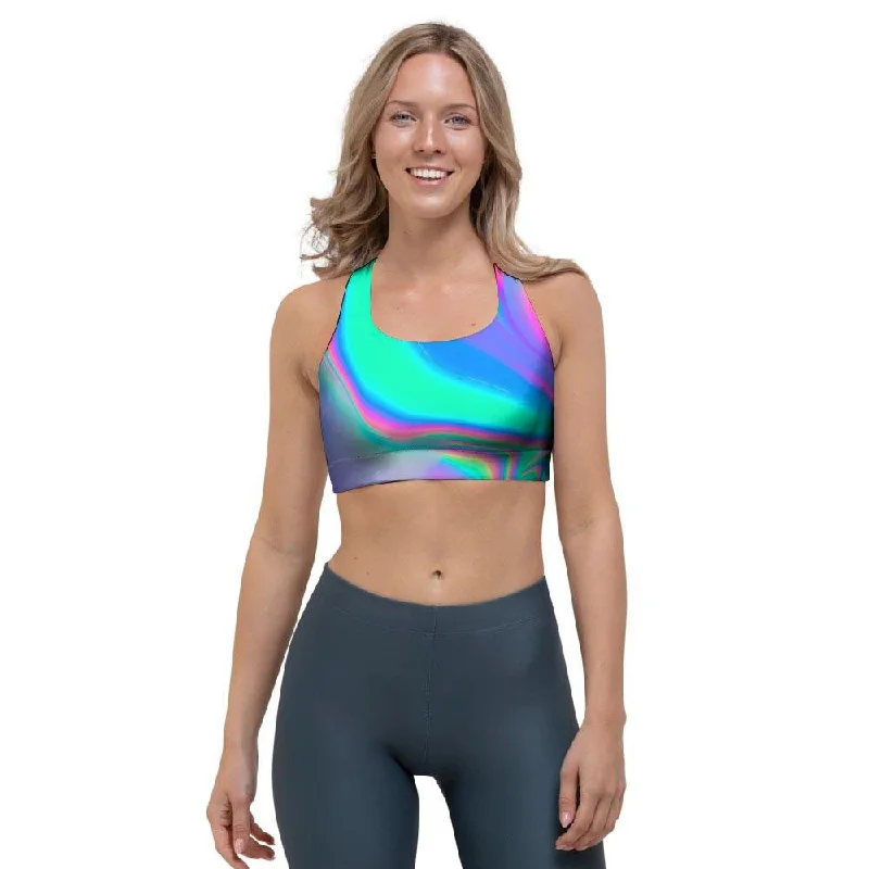 Abstract Pastel Holographic Sports Bra Adjustable Bra Straps