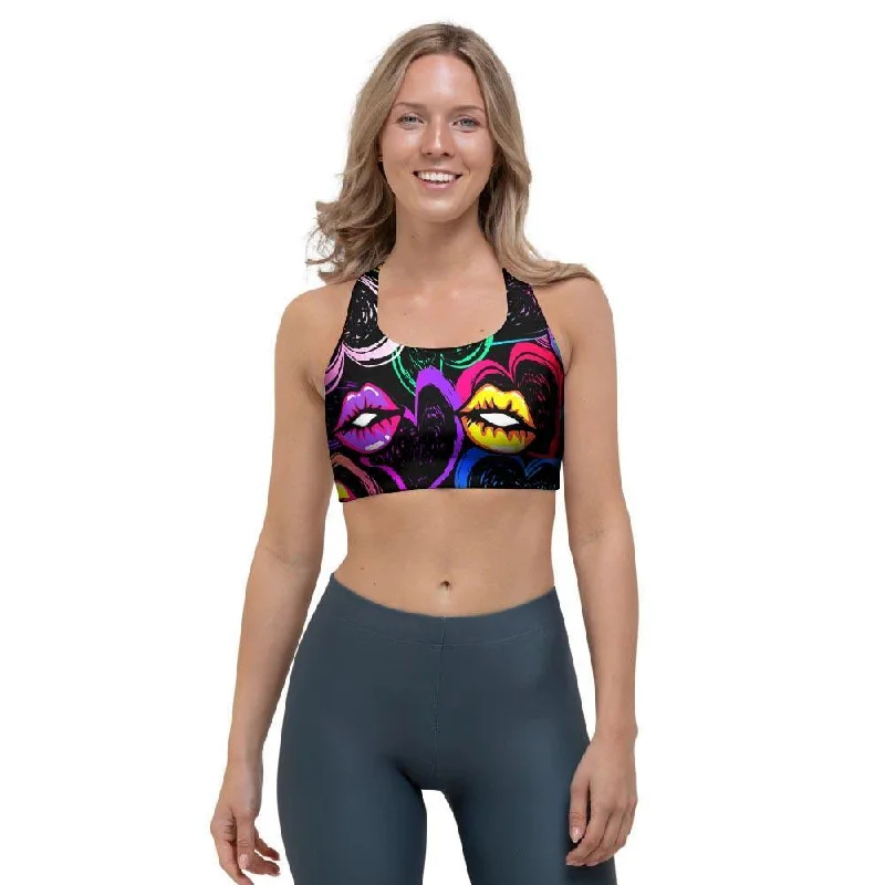 Abstract Lip Graffiti Print Sports Bra Seamless Bra Design