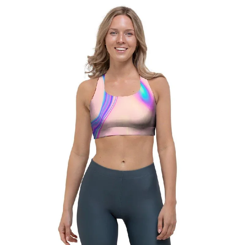 Abstract Trippy Holographic Sports Bra Active Support Bra