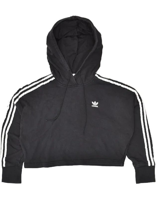 ADIDAS Womens Crop Hooded Hoodie Jumper UK 4 XS Black Cotton Hoodie with Front Slit Layering Stylish