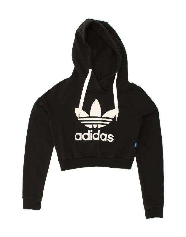 ADIDAS Womens Graphic Crop Hoodie Jumper UK 6 XS Black Cotton Hoodie with Drawcord Adjustable Secure