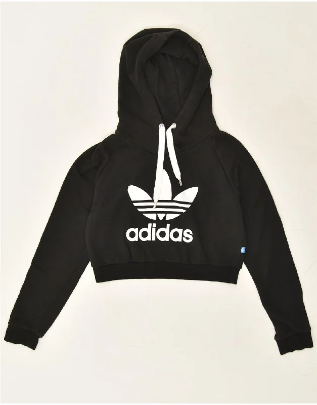 ADIDAS Womens Graphic Crop Hoodie Jumper UK 8 Small  Black Cotton Hoodie with Monochrome Minimalist Simple