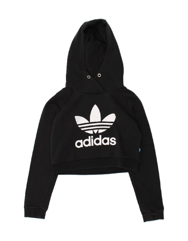 ADIDAS Womens Graphic Crop Hoodie Jumper UK 8 Small Black Hoodie with Hem Contrast Bold Stylish