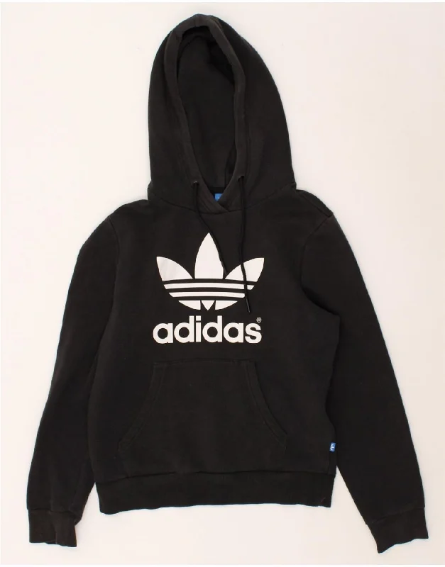 ADIDAS Womens Graphic Hoodie Jumper UK 10 Small Black Cotton Hoodie with Cuffed Sleeves Snug Secure