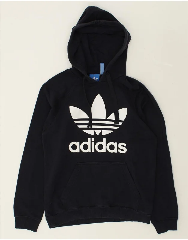 ADIDAS Womens Graphic Hoodie Jumper UK 10 Small Navy Blue Cotton Hoodie with Emblem Brand Identity