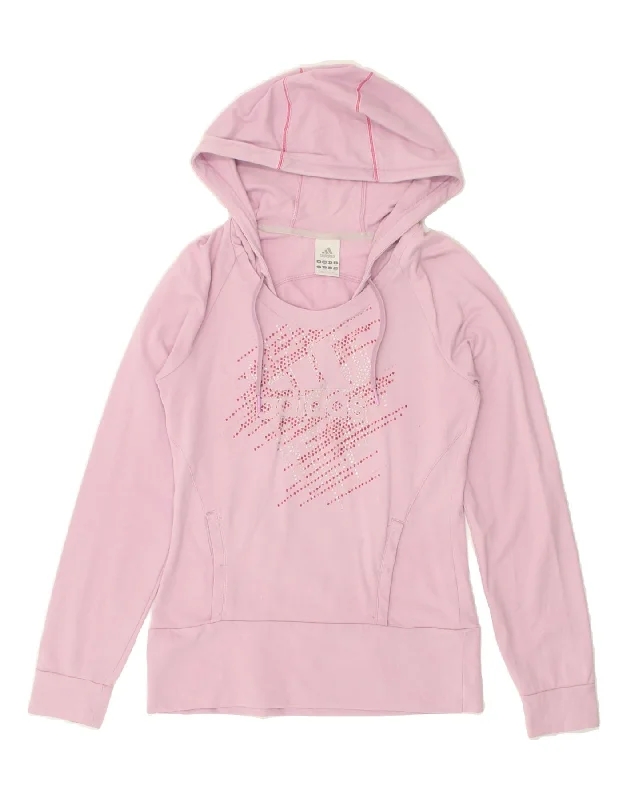 ADIDAS Womens Graphic Hoodie Jumper UK 10 Small Pink Cotton Hoodie with Cuffed Sleeves Snug Secure