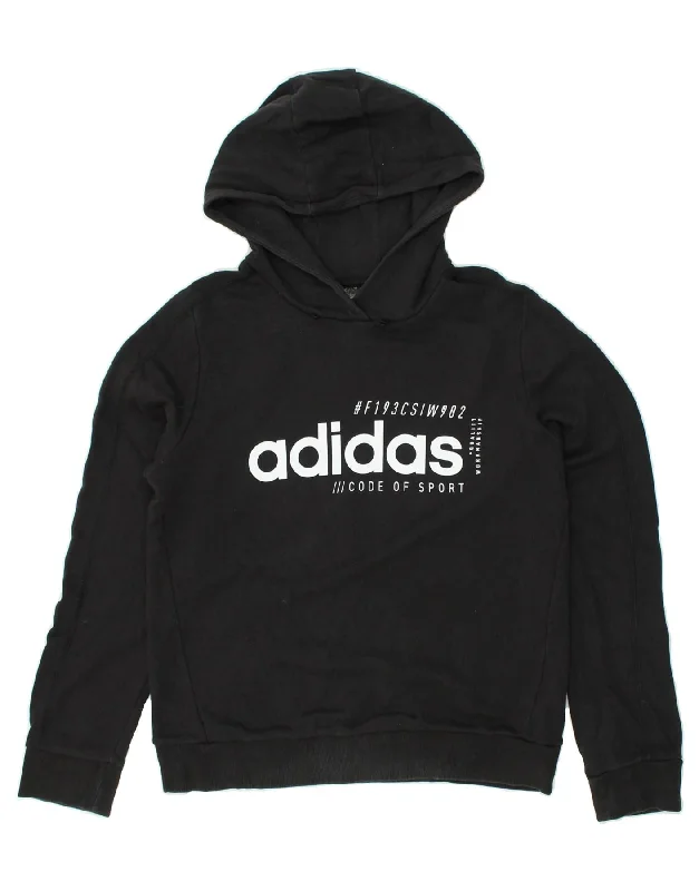 ADIDAS Womens Graphic Hoodie Jumper UK 12/14 Medium Black Cotton Zip Hoodie Drawstring Kangaroo Pocket