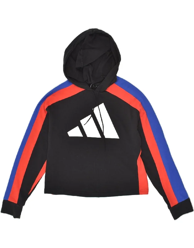 ADIDAS Womens Graphic Hoodie Jumper UK 12/14 Medium Black Striped Cotton Hoodie with Gradient Ombre Colorful