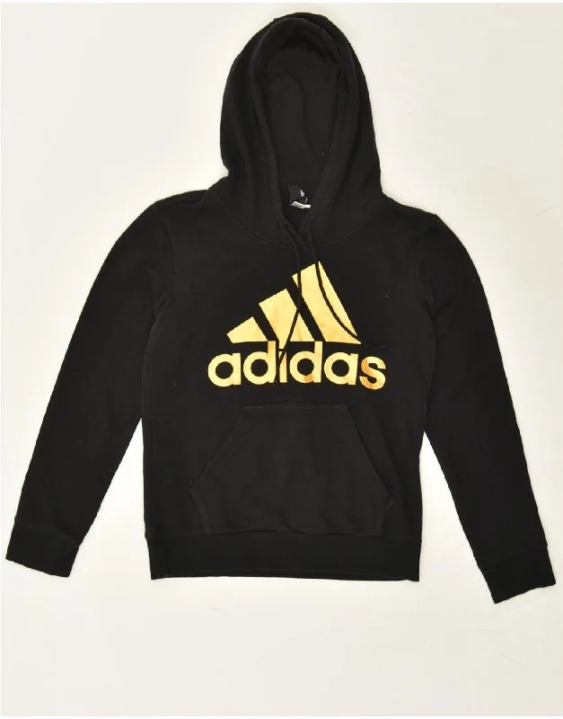 ADIDAS Womens Graphic Hoodie Jumper UK 12 Medium Black Cotton Hoodie with Distressed Vintage Worn