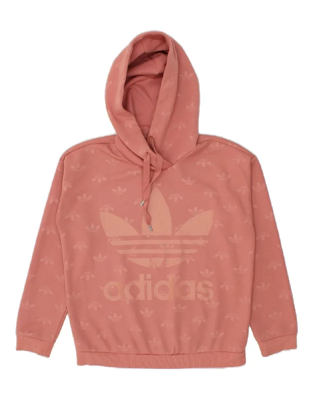 ADIDAS Womens Graphic Hoodie Jumper UK 14 Large Pink Polyester Hoodie with Button Placket Classic Preppy