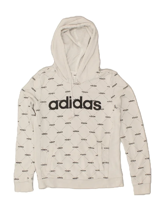 ADIDAS Womens Graphic Hoodie Jumper UK 4/6 XS White Cotton Hoodie with Hem Embroidery Detailed Premium