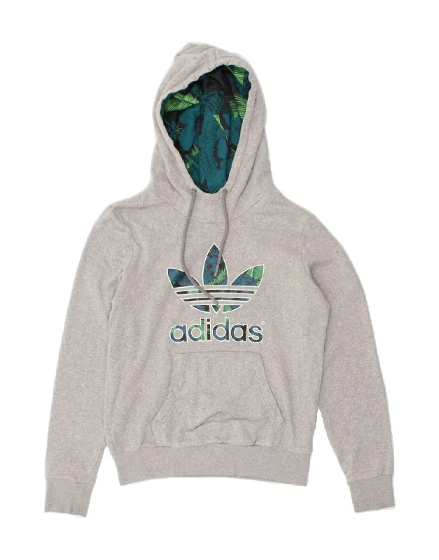 ADIDAS Womens Graphic Hoodie Jumper UK 8 Small Grey Cotton Hoodie with Back Slit Movement Comfort