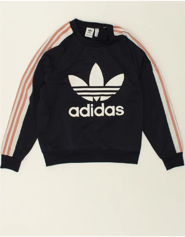 ADIDAS Womens Graphic Sweatshirt Jumper UK 4 XS Navy Blue Polyester Hoodie with Applique Textured Unique