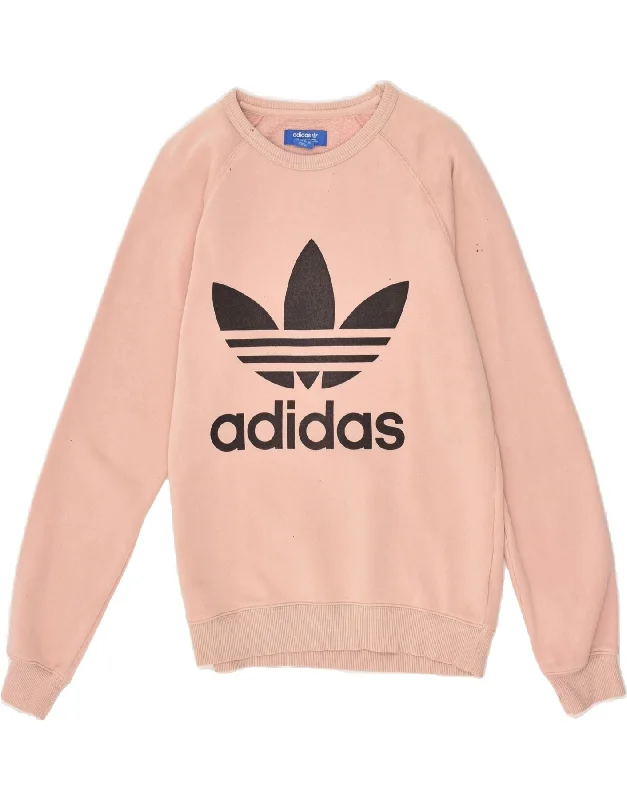 ADIDAS Womens Oversized Graphic Sweatshirt Jumper UK 6 XS Pink Cotton Hoodie with Snap Buttons Easy Quick