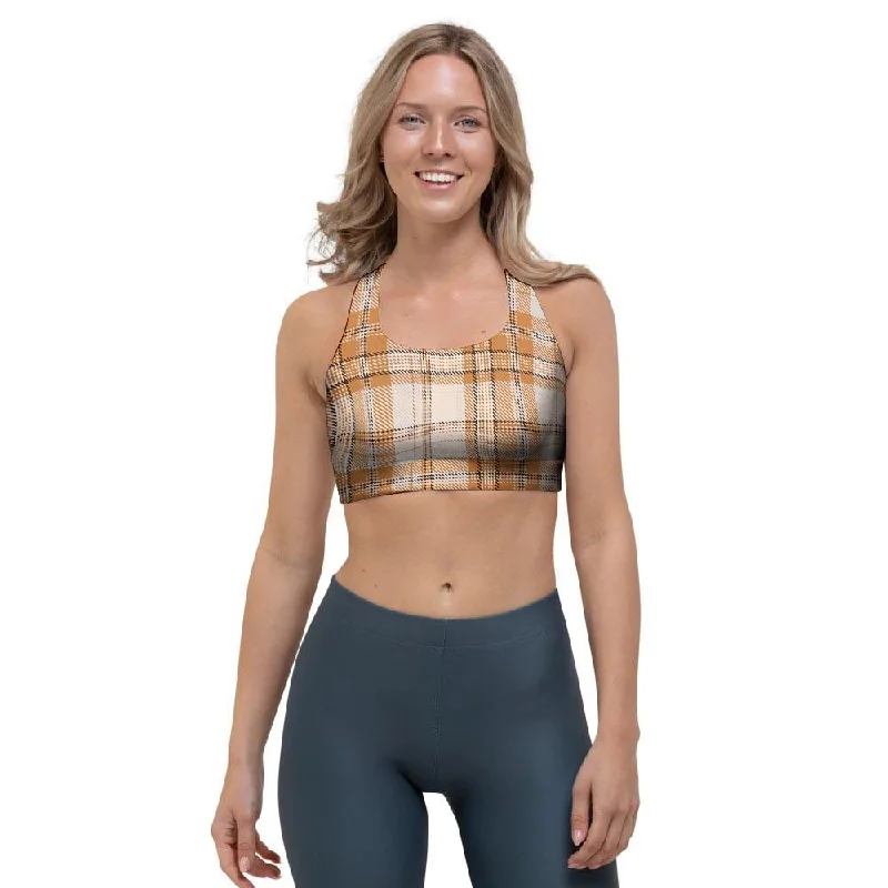 Beige Plaid Tartan Print Sports Bra Push-Up Padded Bra