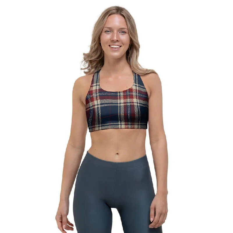 Beige Red And Blue Plaid Tartan Sports Bra Lightweight Cotton Bra