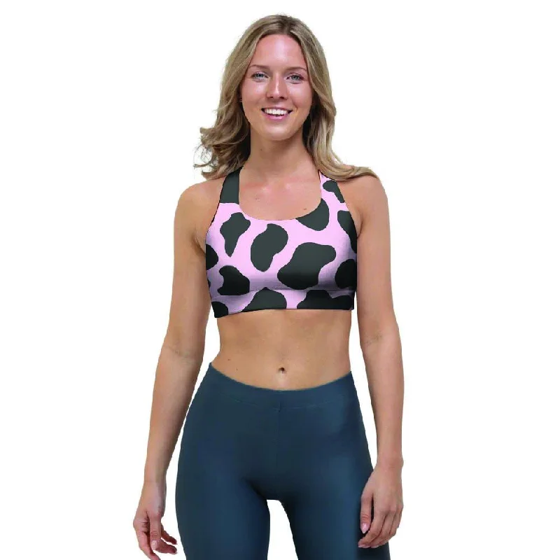 Black And Pink Cow Print Sports Bra Versatile Bralette Set