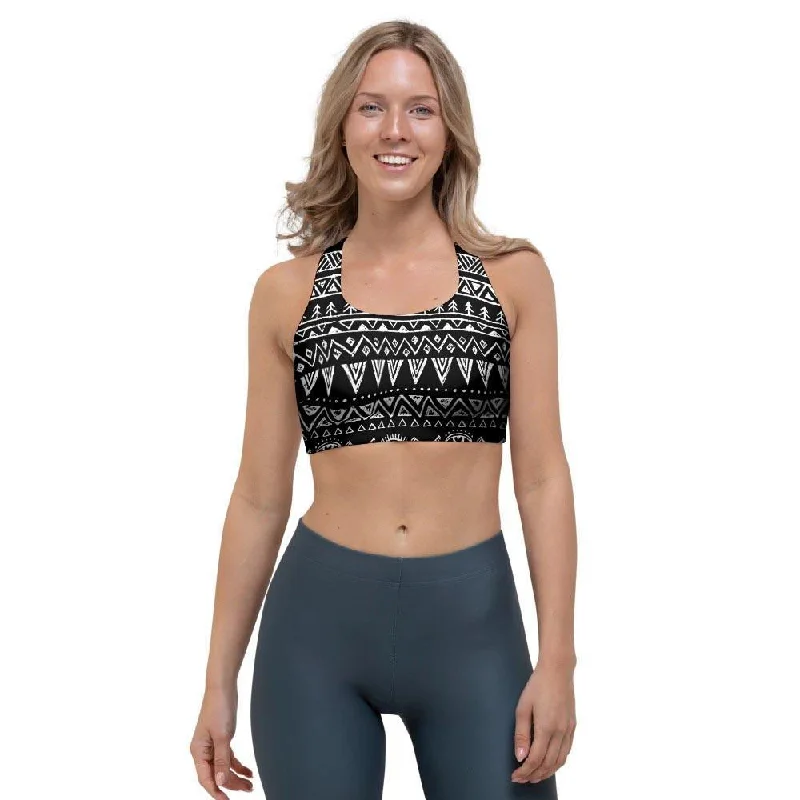 Black And White Doodle Tribal Aztec Print Sports Bra Seamless Sports Bra