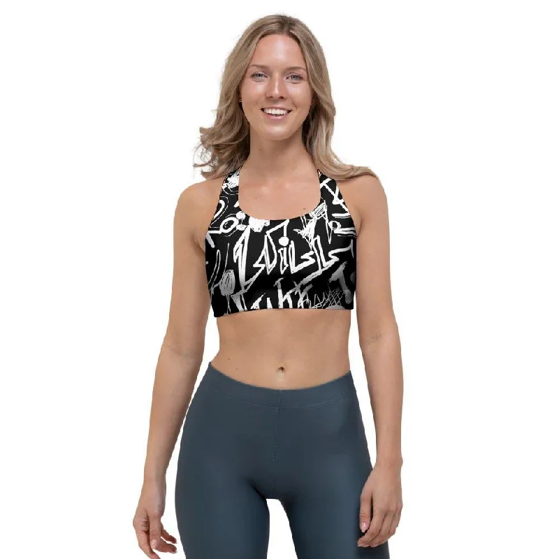 Black And White Graffiti Doodle Text Print Sports Bra Chic Satin Bra